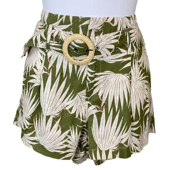 Tahari Tropical Palm Leaf Print 100% Linen Shorts Belt Pockets NWOT Med - Picture 1 of 8